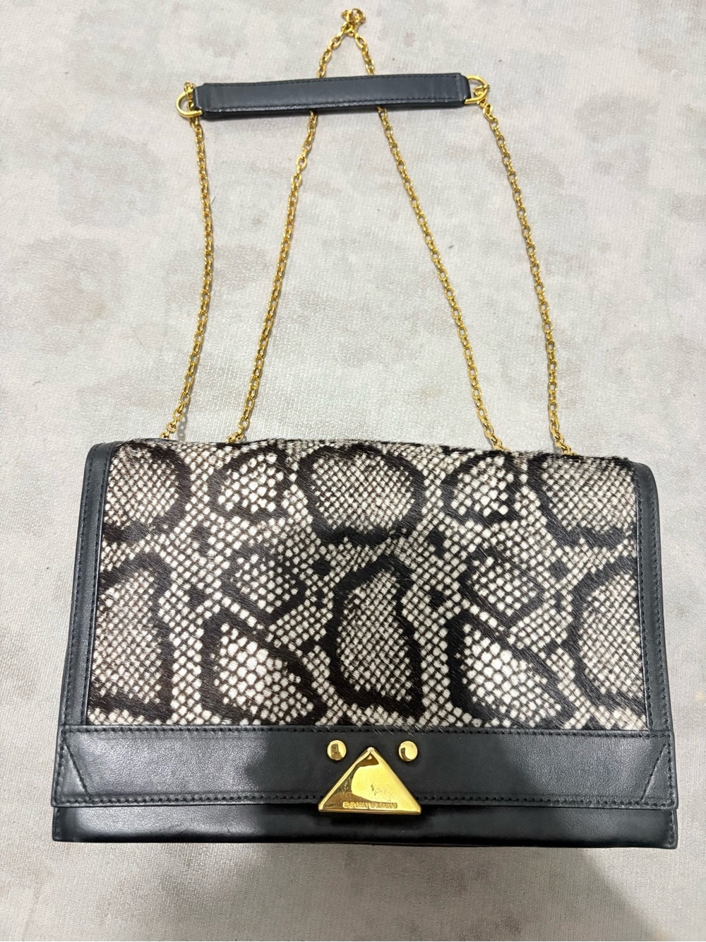Emporio Armani Black and Beige Snake-Print Shoulder Bag with Gold Chain Strap